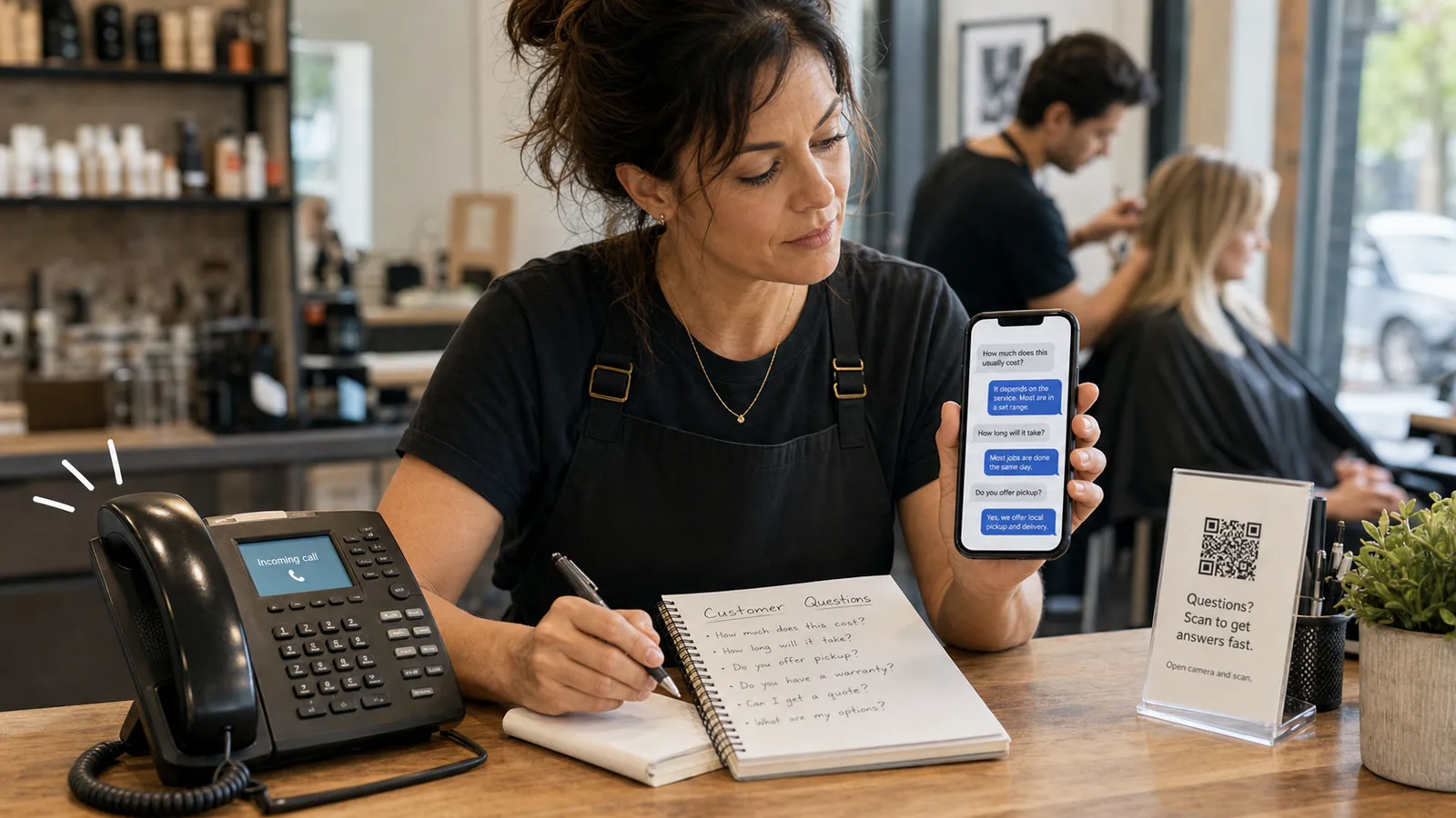 Dirigeant de petite entreprise américaine comparant les alternatives au service de réponse