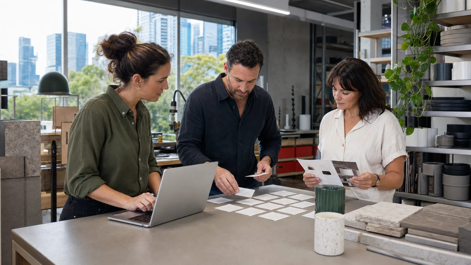 Australian small business team reviews recurring customer enquiries in a bright showroom and workshop.