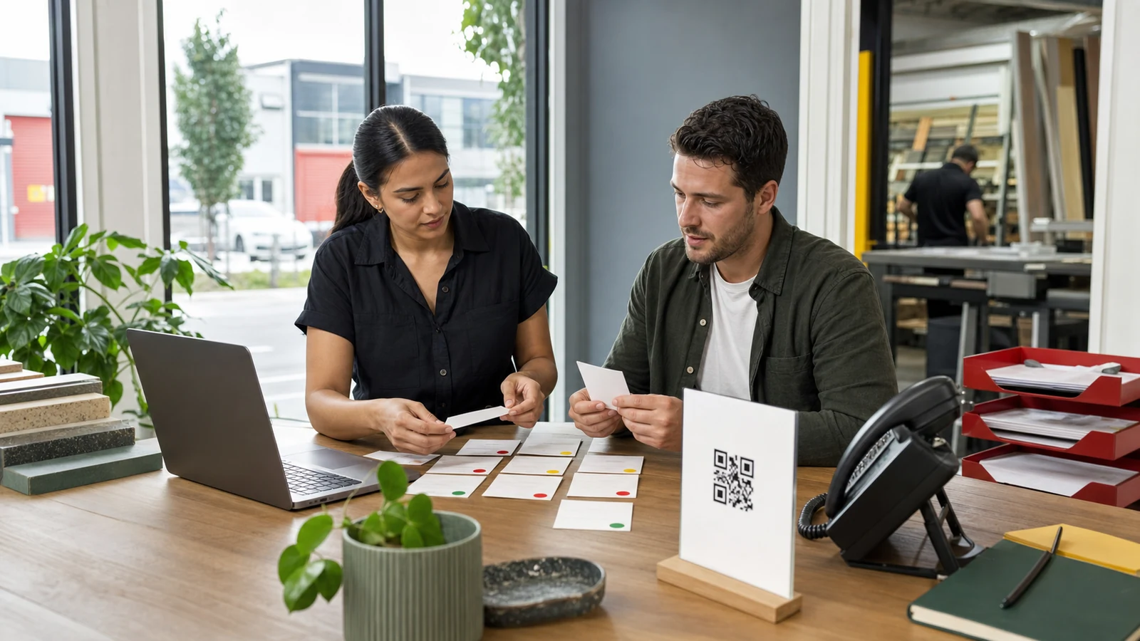 Australian workshop team maps customer questions across a laptop, printed QR card, phone, and human follow-up.