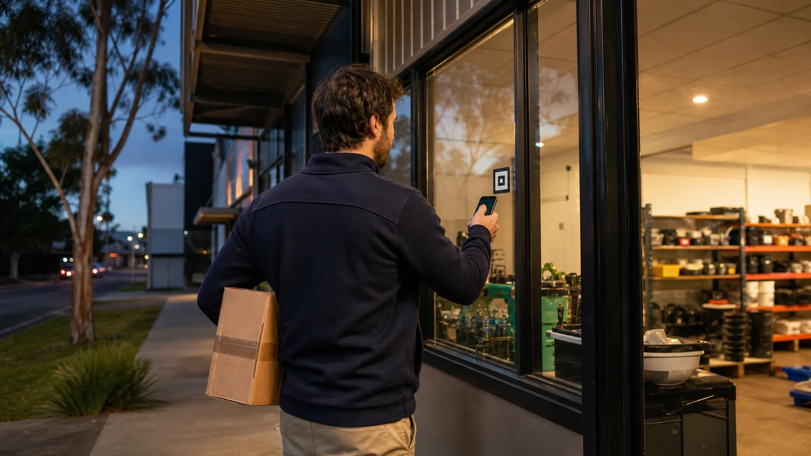 Australian business customer using mobile self-service outside a closed commercial service storefront after hours