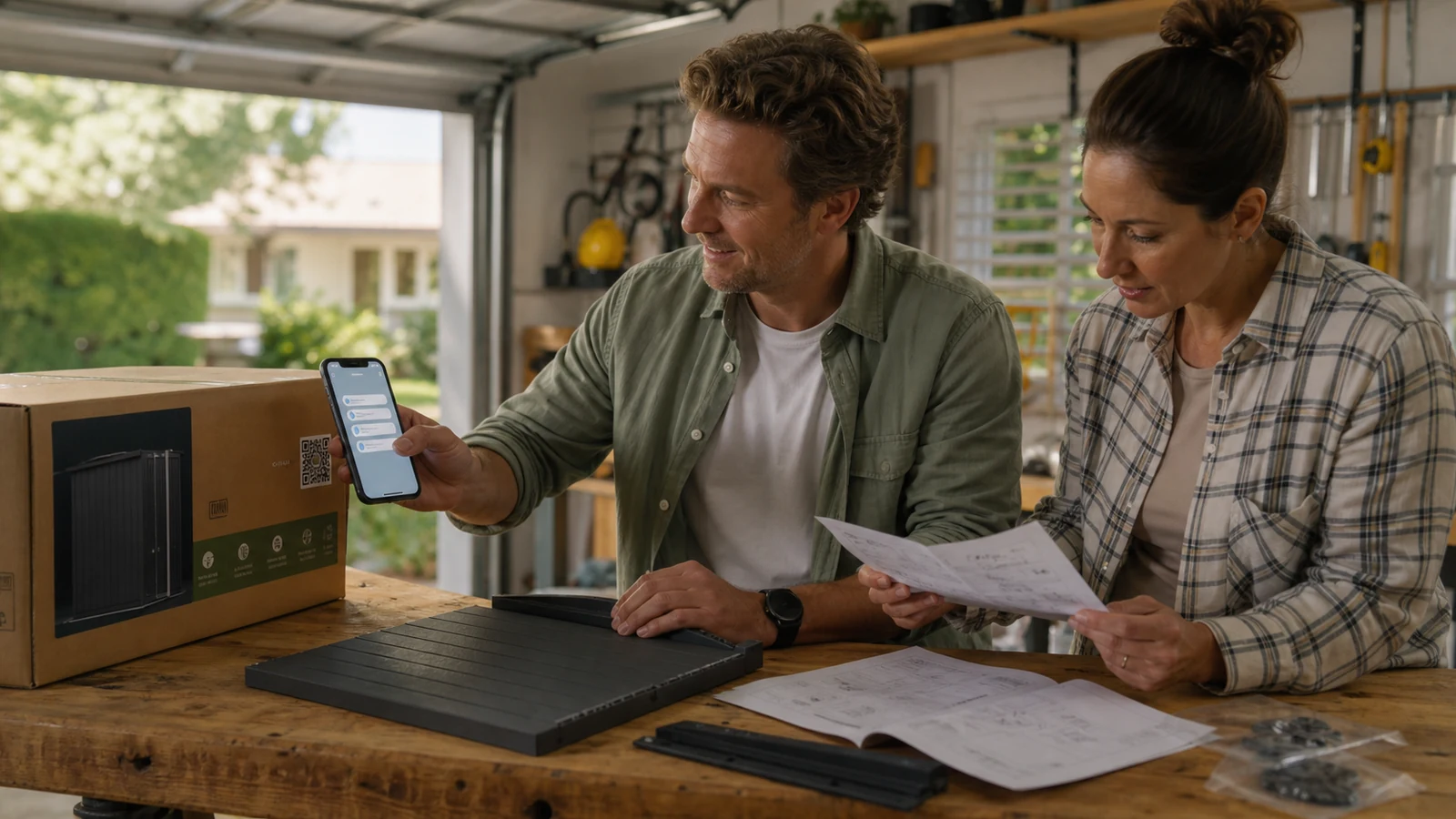 Adult Australian customers using a product-packaging QR code for setup help while retaining the physical instructions