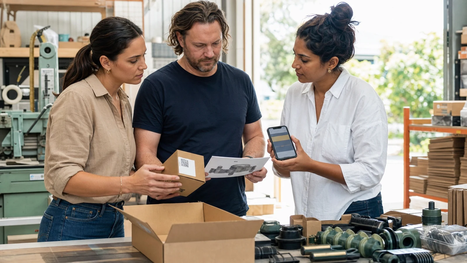 Australian small manufacturer team reviewing a package QR code, physical product guide, and mobile destination