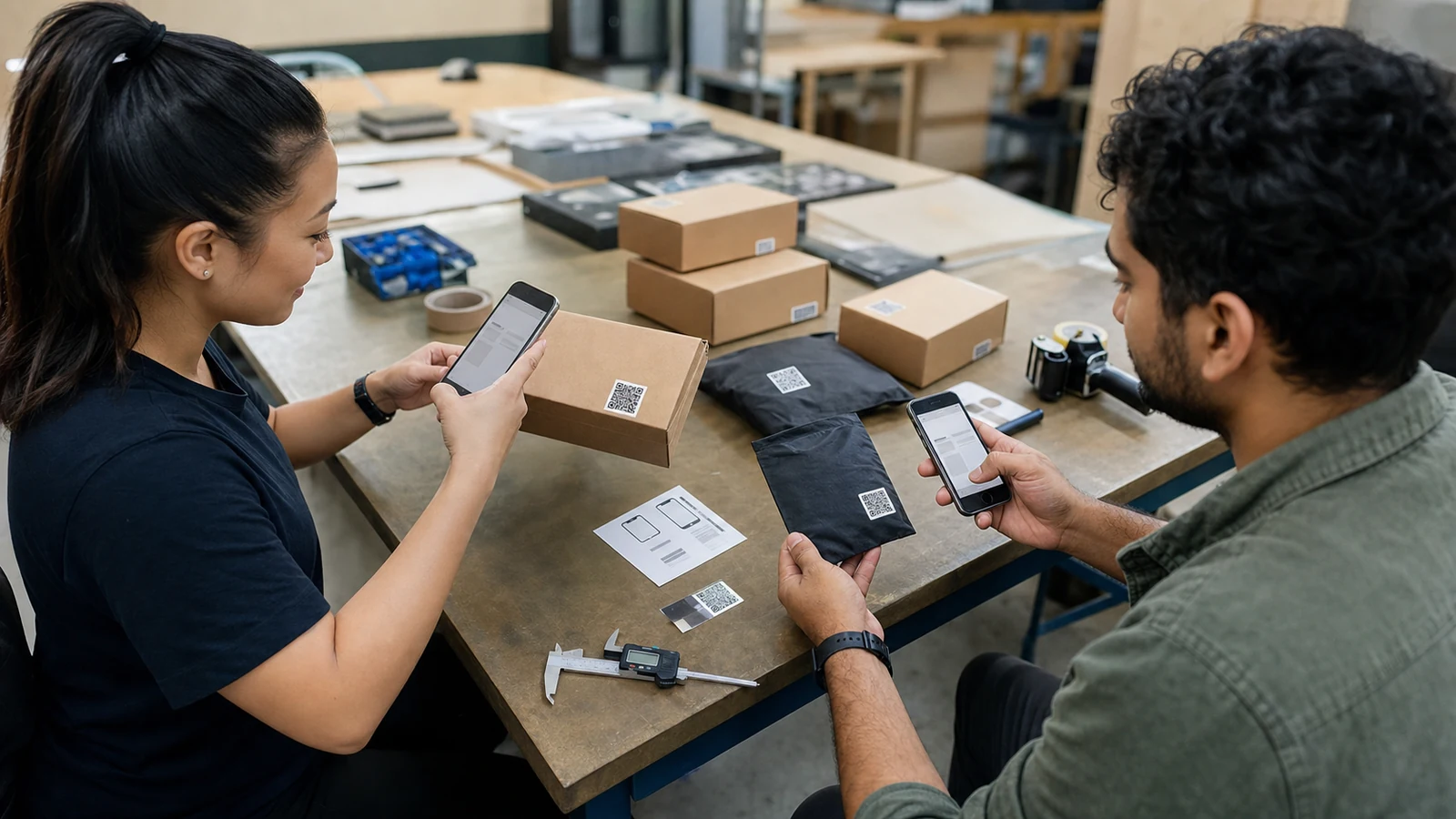 Australian workshop staff testing QR labels on several package sizes and surfaces with real phones