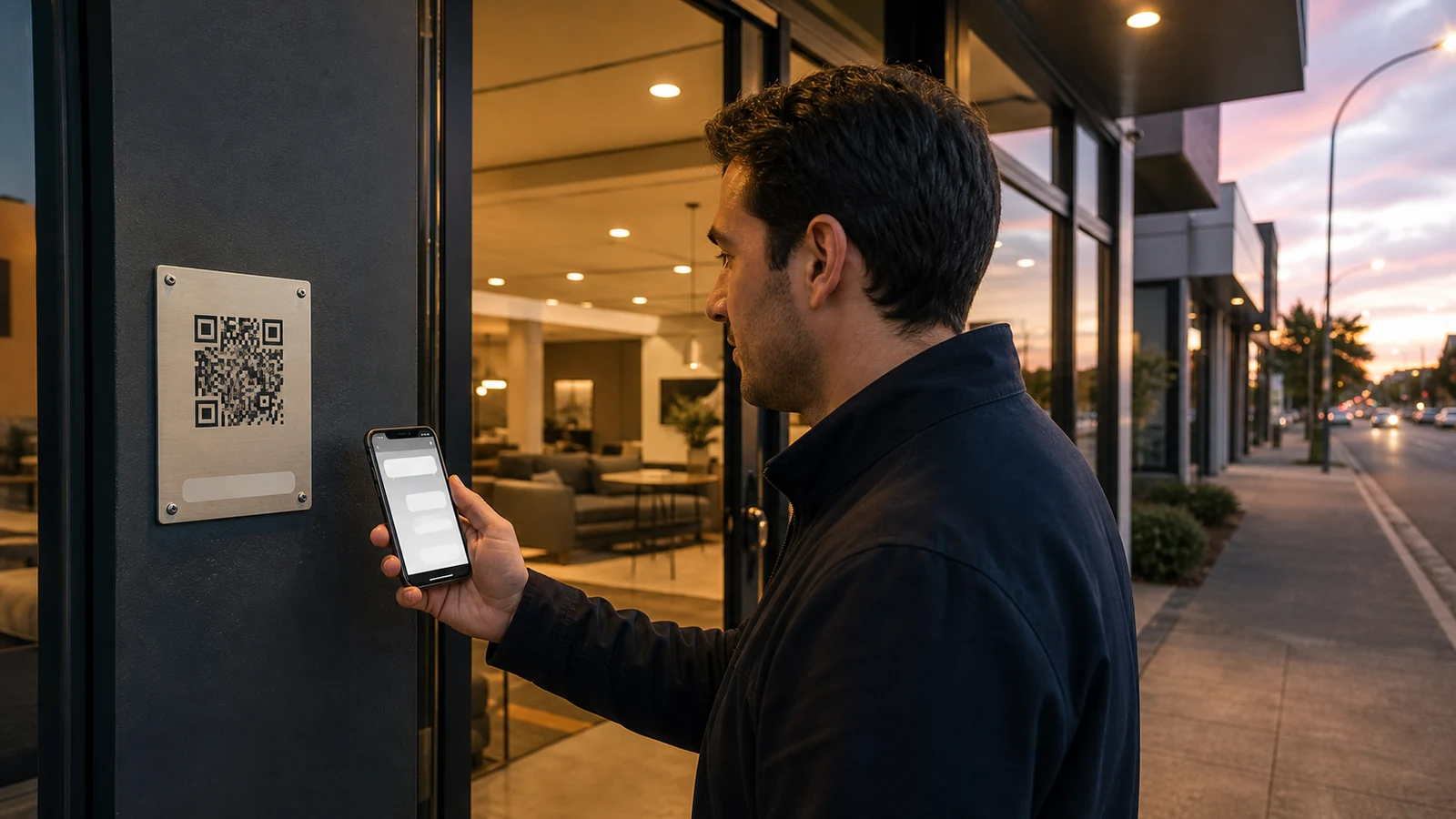 Adult customer scanning a secure QR sign outside an Australian specialty-service showroom after business hours