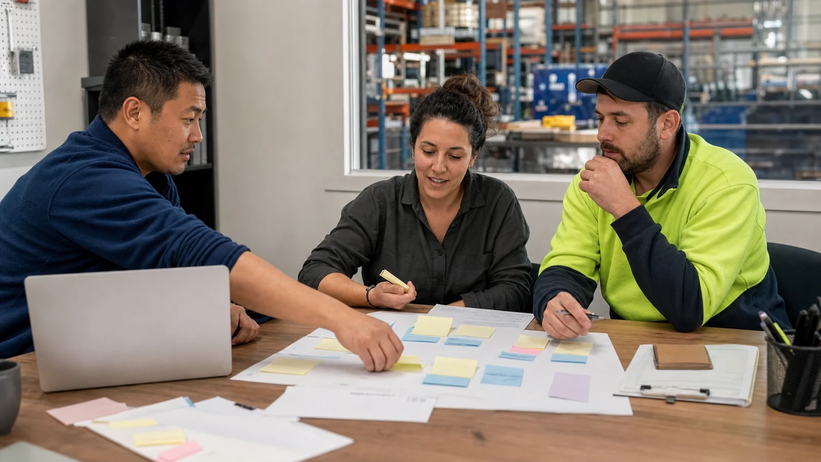 Australian small-business operations team grouping anonymised customer enquiries and assigning answer ownership in a warehouse office