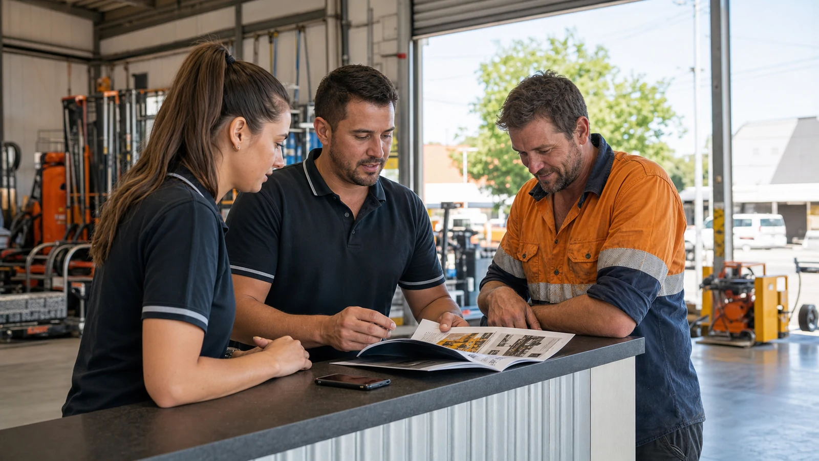 Australian equipment-hire staff reviewing a recurring customer question with a trade customer at a Brisbane warehouse counter