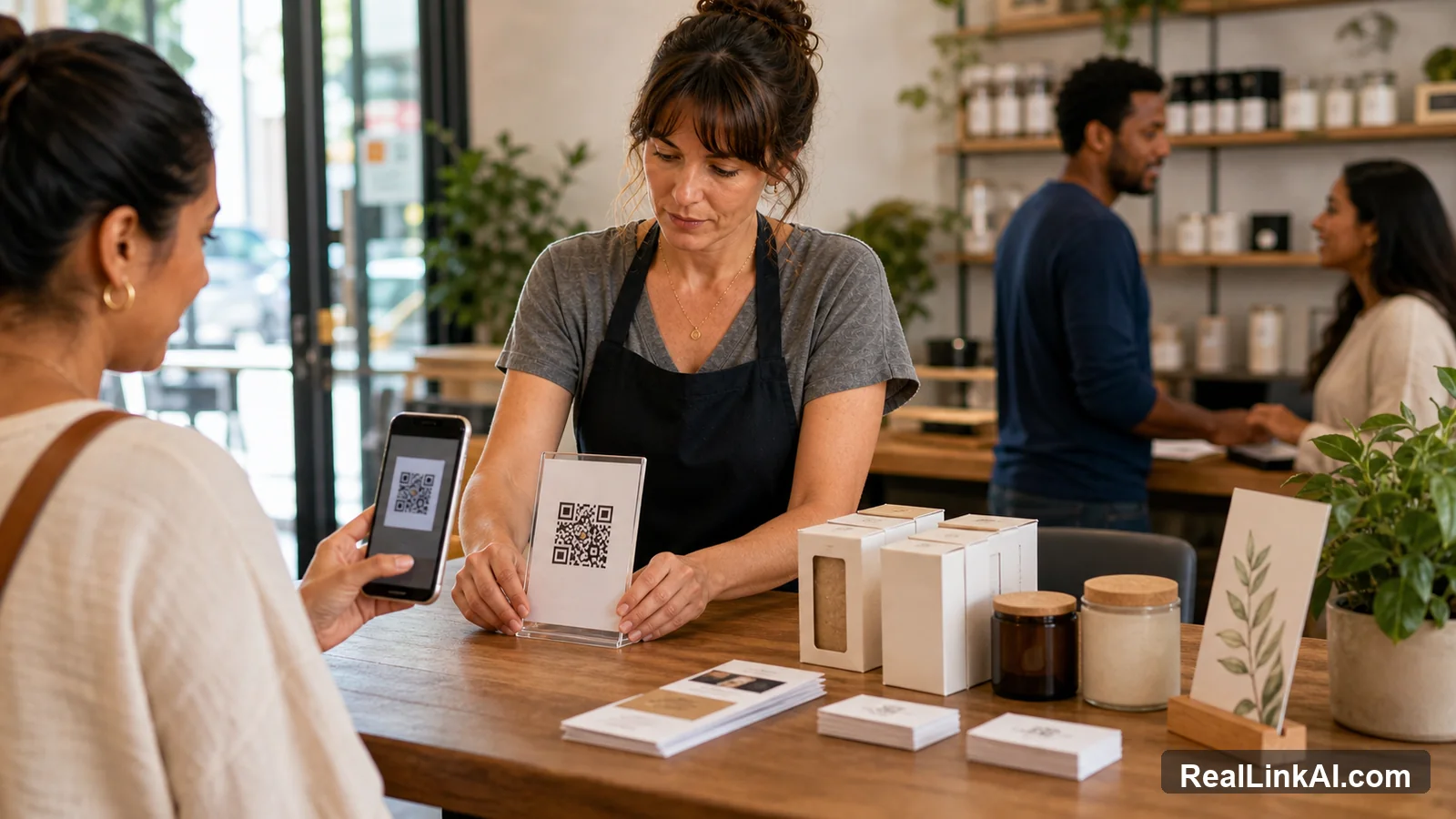 Dirigeante de commerce local organisant panneaux QR, flyers, cartes, emballages produit et scan smartphone au comptoir