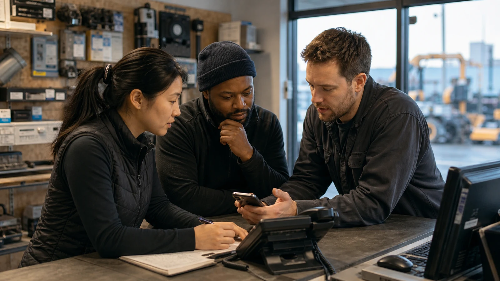 Three Canadian equipment-service staff members reviewing phone and mobile enquiries near closing time
