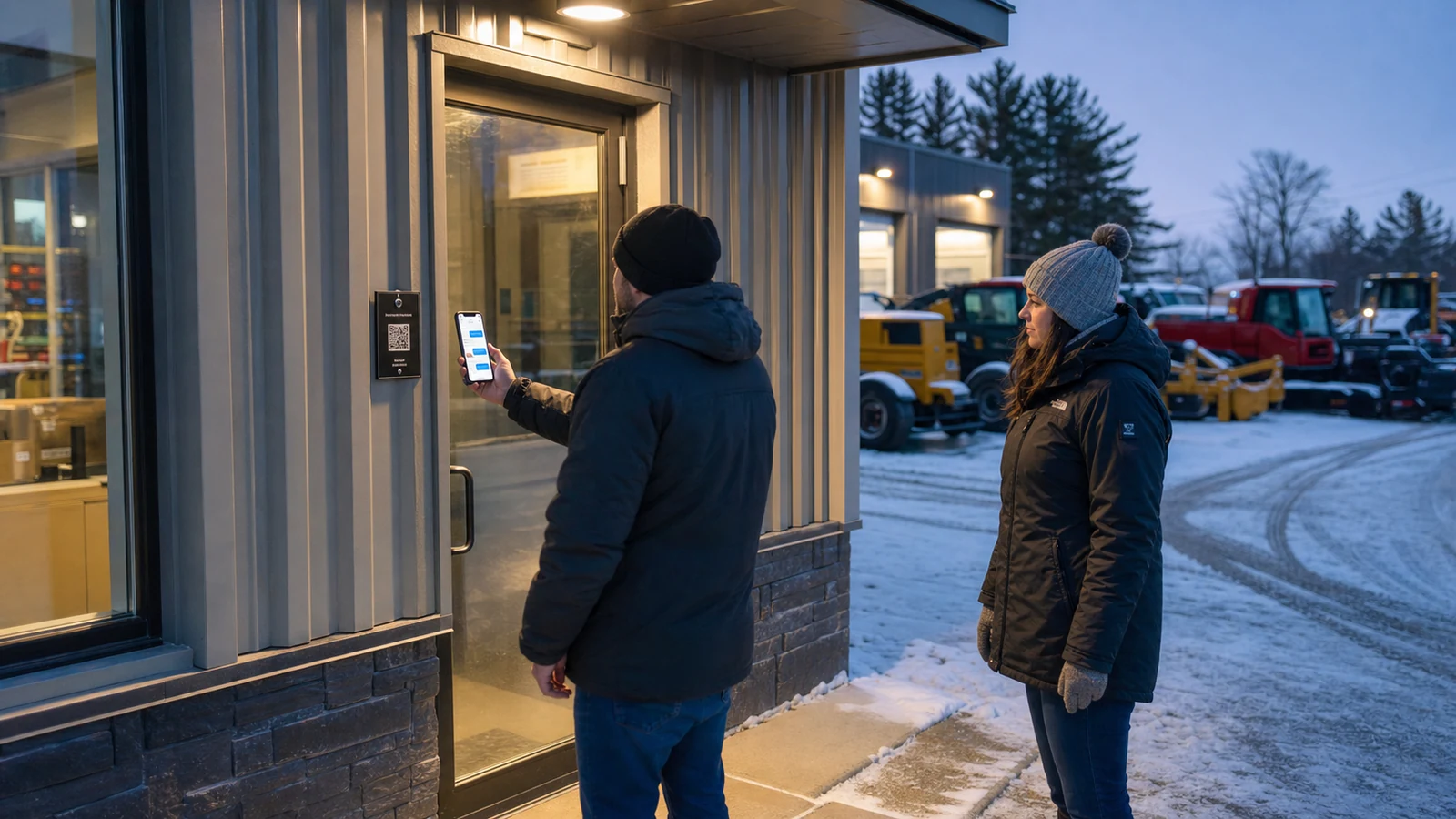 Adult Canadian customer scanning a QR help plaque outside a closed equipment-service business on a winter evening