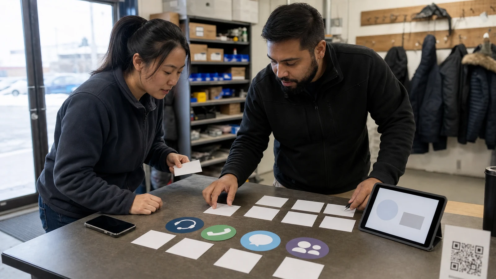 Two Canadian small-business staff members mapping customer questions to live answering, callback, text, and QR self-service