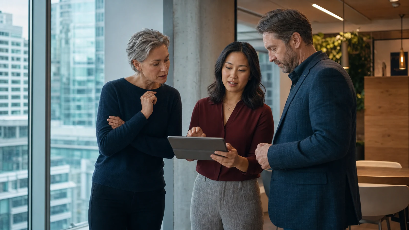 English Canadian small-business team and client reviewing a narrow customer-enquiry chatbot workflow
