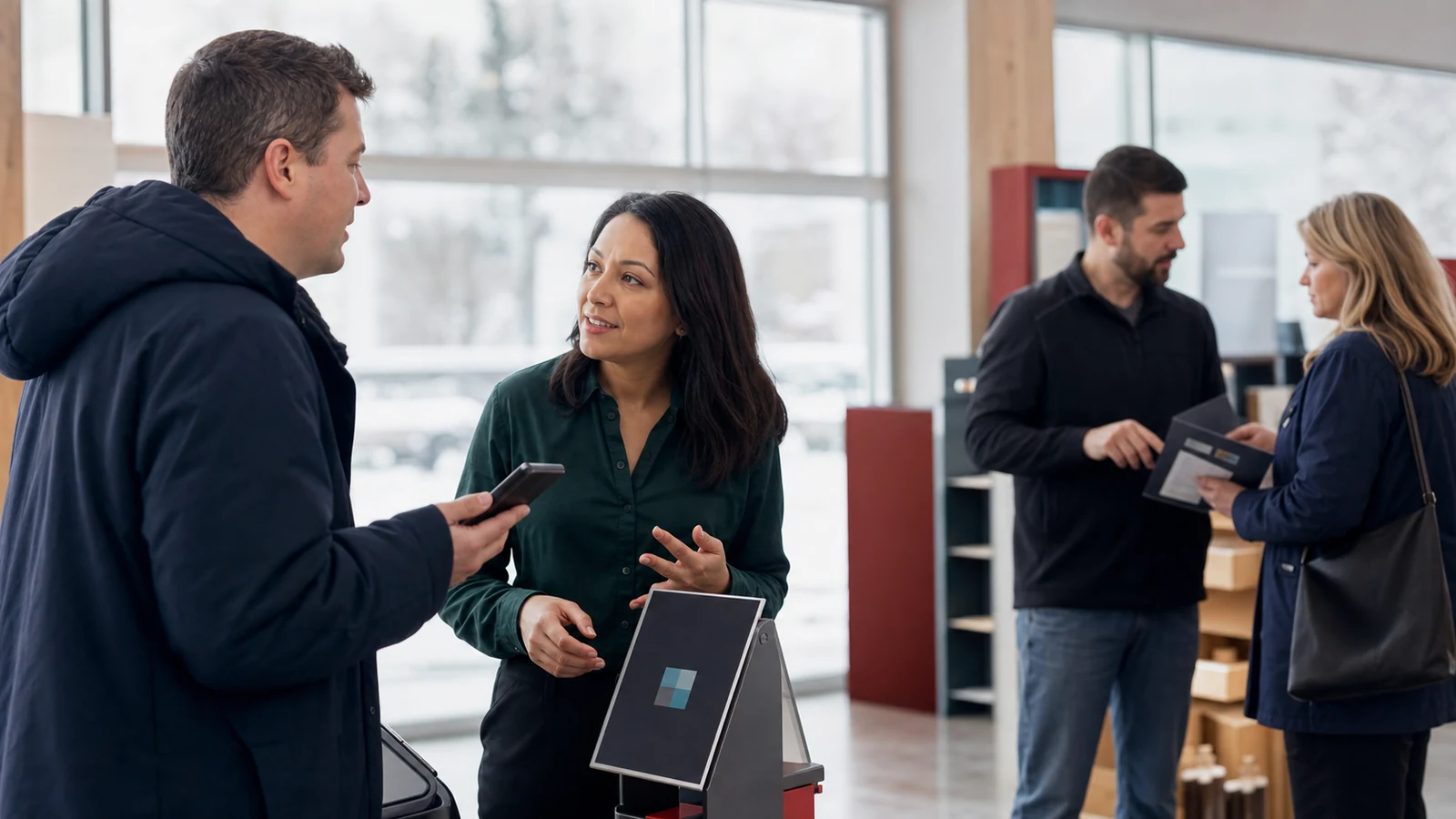 English Canadian business visitor moving from mobile chatbot help to a conversation with a service specialist