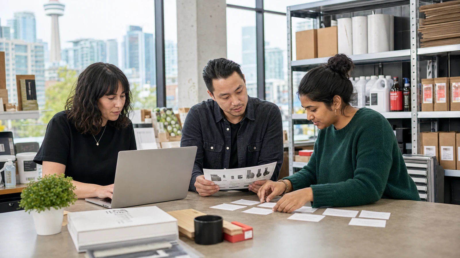 English Canadian small business team reviews recurring customer questions in a Toronto showroom.