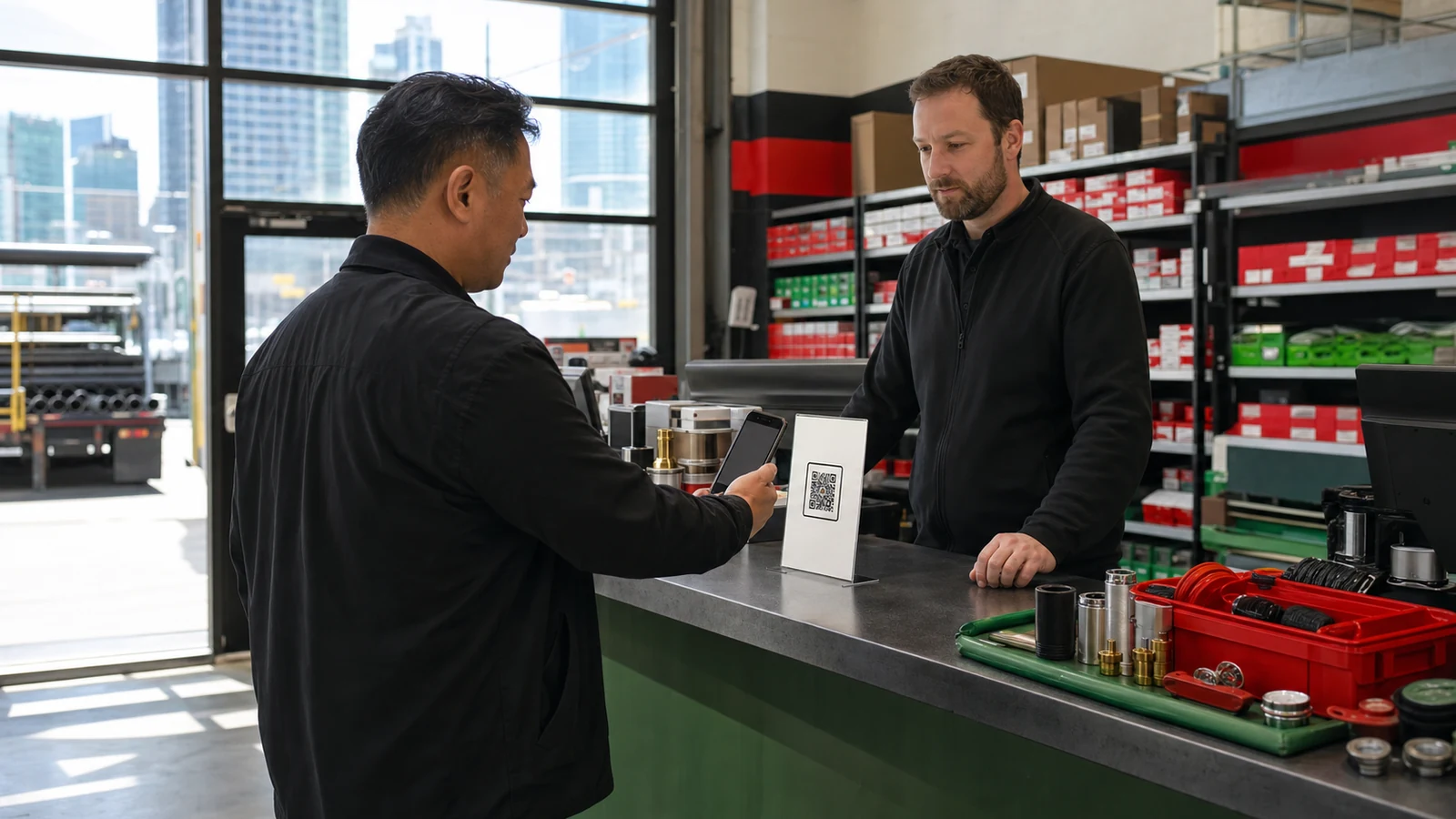 Canadian business customer scans a QR self-service link at a trade counter while staff remain available nearby.