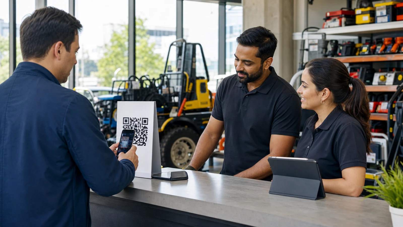 Customer scanning a QR sign at an English-Canadian equipment rental and repair counter while two staff members assist