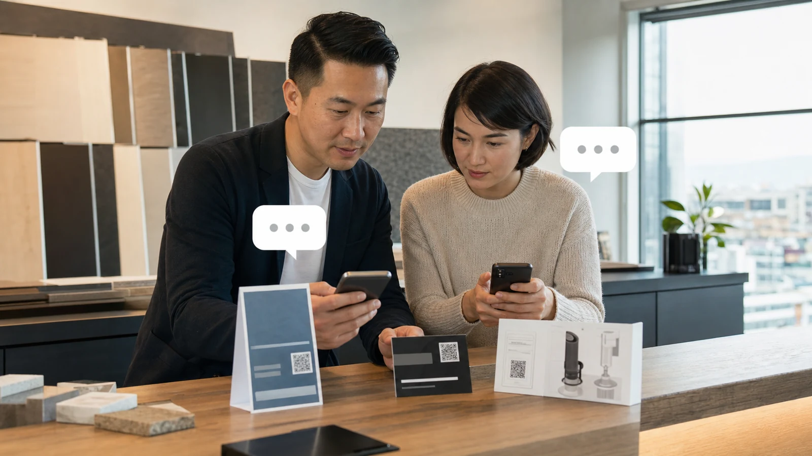 Canadian small-business colleagues testing QR destinations on a counter sign, business card, and product instruction card