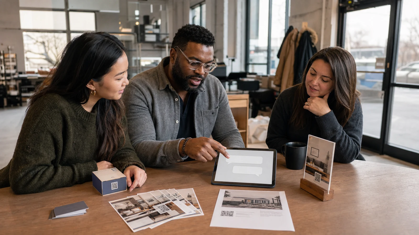 Canadian service-business team matching QR destinations to a sign, package insert, flyer, business card, and public answer page