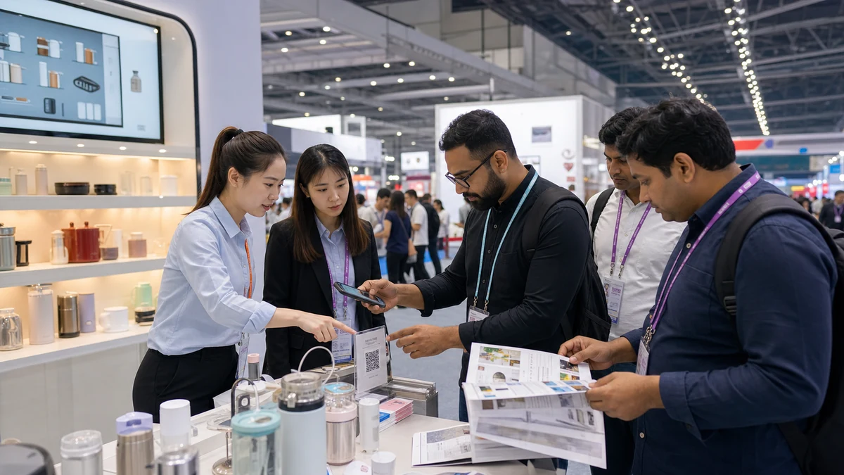 Equipe exposante Canton Fair Complex aidant des acheteurs internationaux avec QR catalogue et echantillons