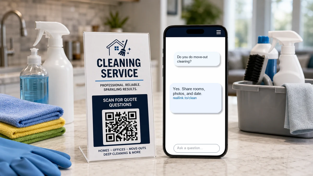 Cleaning service QR card beside a phone showing move-out cleaning quote questions and answers