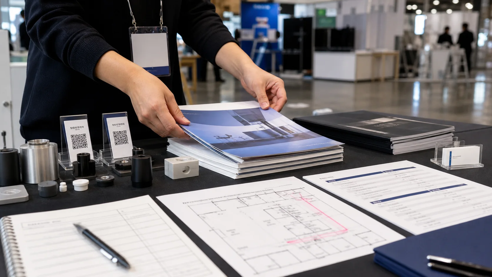 COEX exhibitor preparation table with catalogs, sample cases, QR placards, and booth route documents