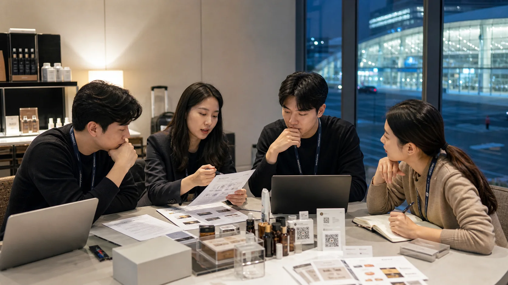 Exhibitor team at COEX reviewing buyer requirements and assigning post-show follow-up owners
