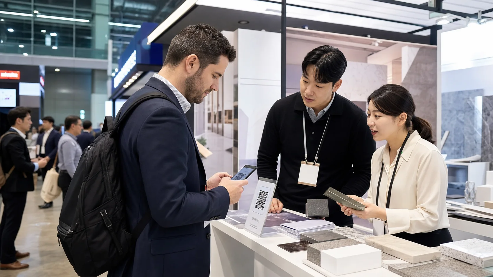 International buyer scanning a booth QR code at a COEX-style Seoul trade show booth