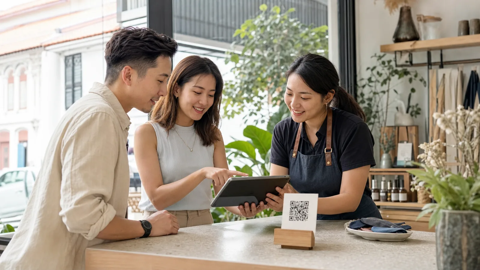 A Singapore SME owner helps customers at a modern shophouse business beside a tablet and QR sign.