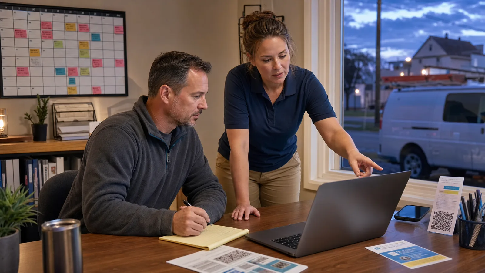 An American home-service team reviews after-hours customer inquiries in a small office near closing time.