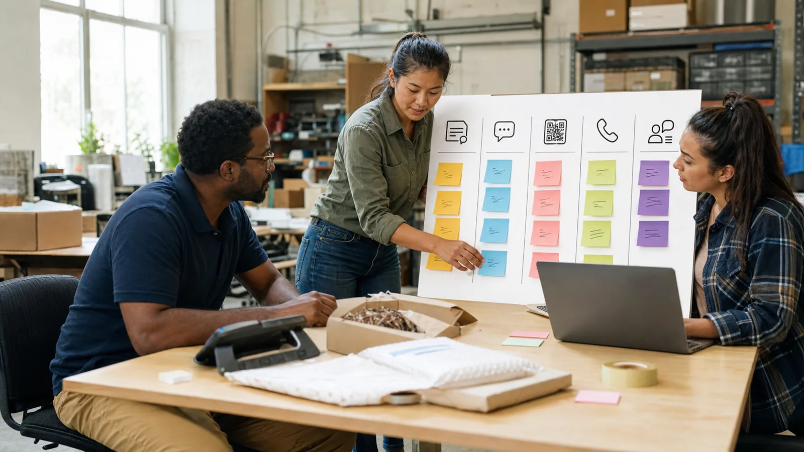 A diverse American workshop team sorts customer questions across FAQ, chat, QR, phone, and human follow-up channels.