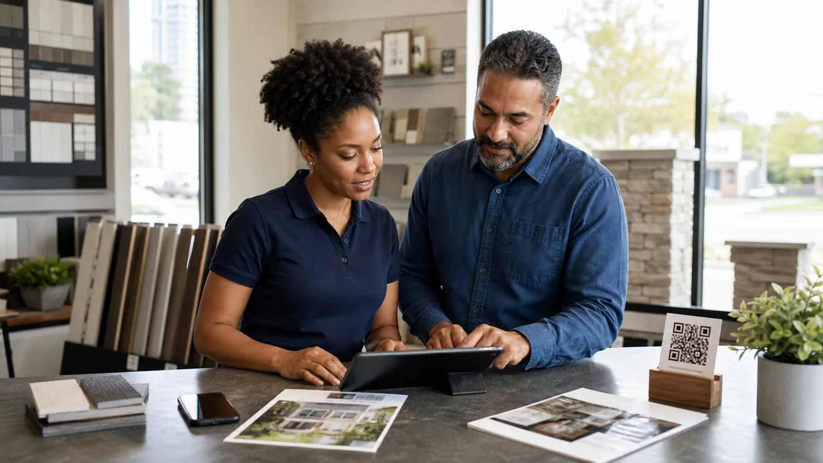 American small-business owners review recurring customer questions at a home-services showroom counter.