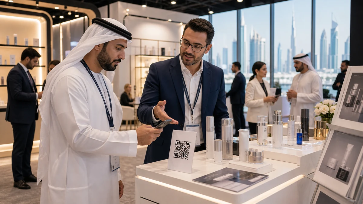 Buyer scannt QR an einem DWTC-aehnlichen Messestand