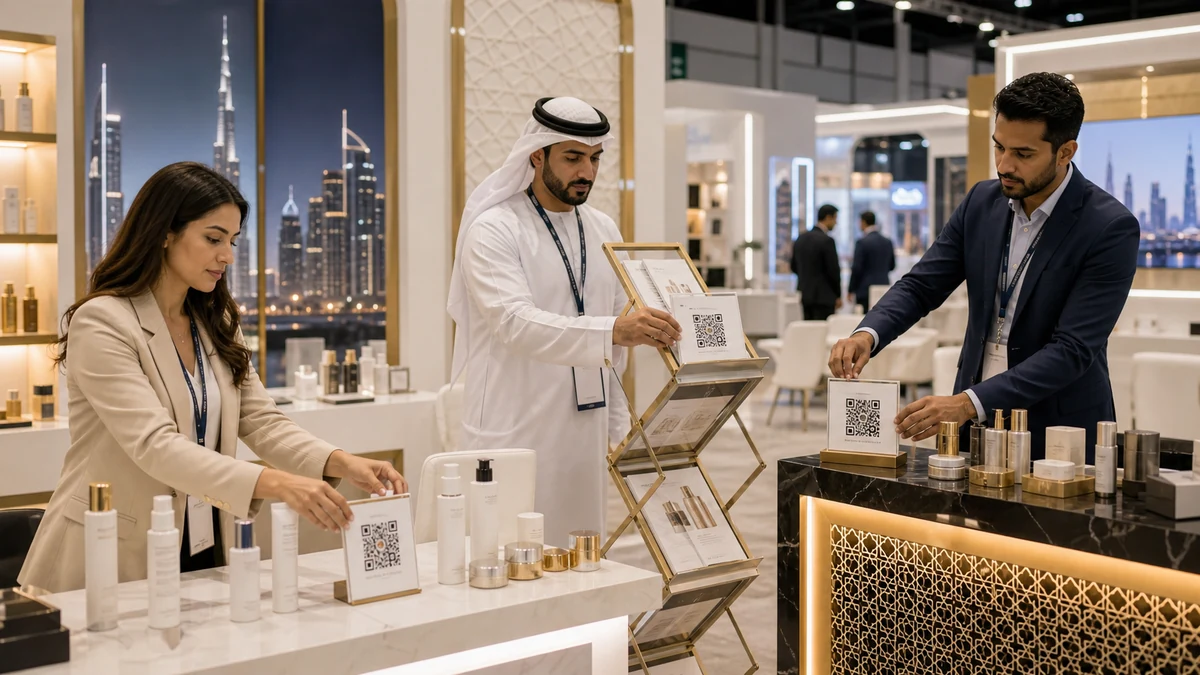 Arabic-English documents, product samples, QR placard, and AI answer page tablet at a Dubai booth