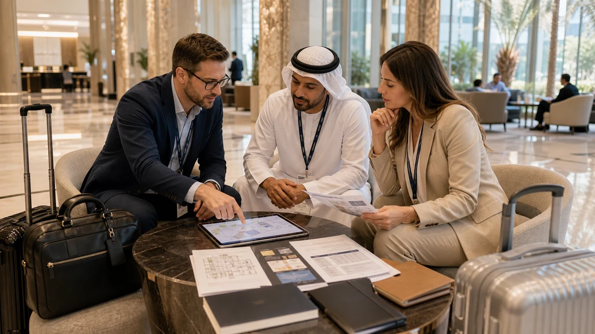 Buyer scanning a QR placard beside product samples at a Dubai exhibition booth