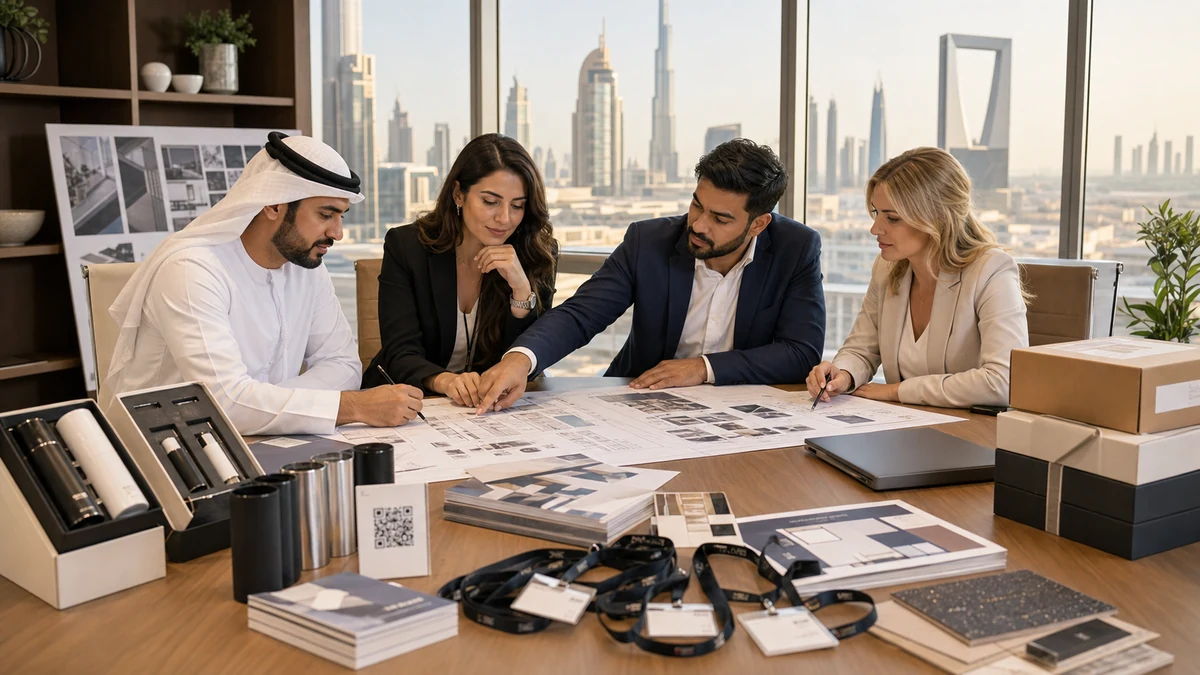 Table de preparation Dubai avec plan, notes, supports bilingues, etiquettes et echantillons