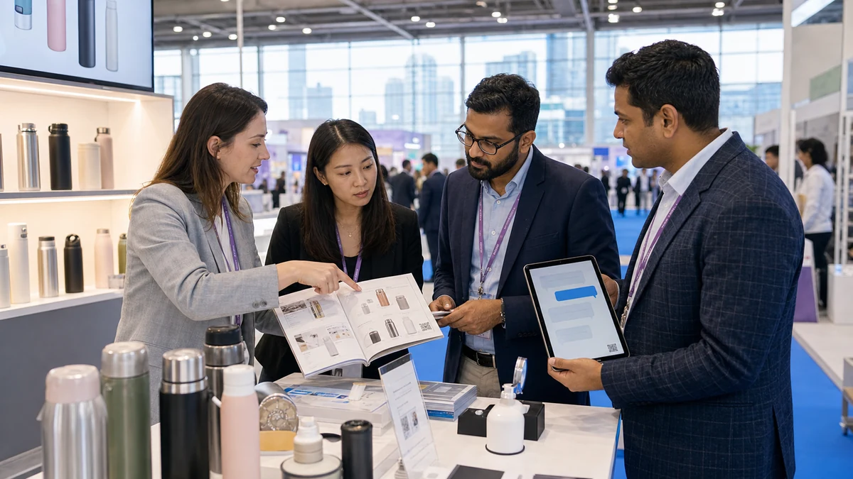 ExCeL London 부스에서 카탈로그 QR과 UK 시장 진입 질문으로 국제 바이어를 응대하는 참가 기업 팀