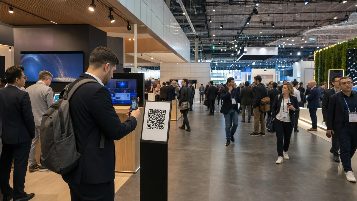 Fira Barcelona Gran Via 스타일 전시장에서 부스 QR을 스캔하는 장면