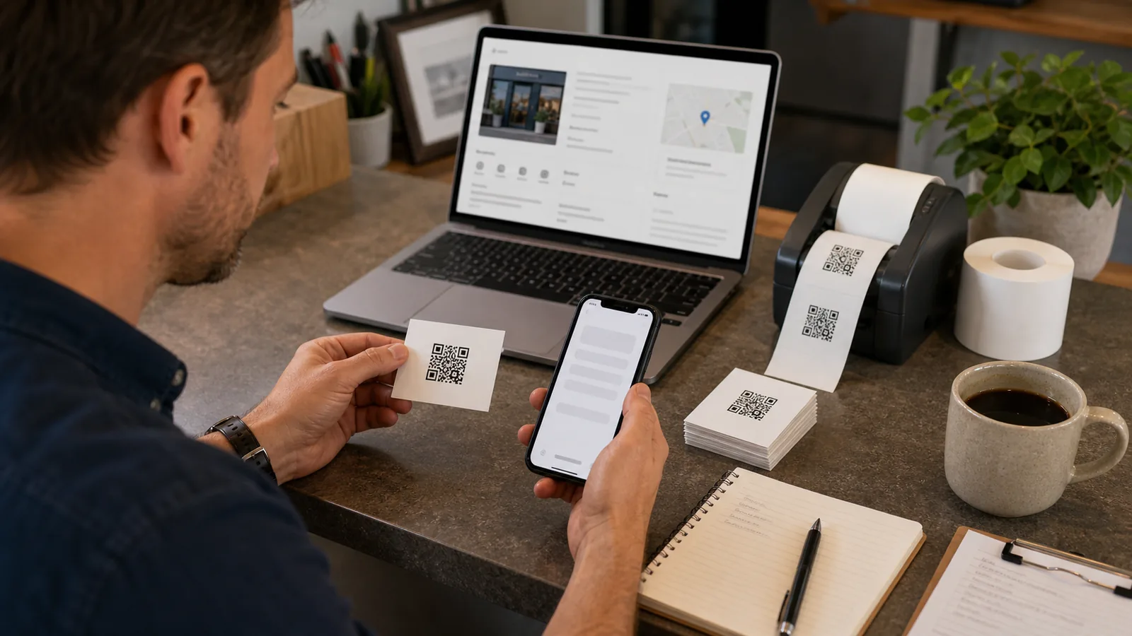 A review QR code is checked on multiple phones before a small print batch is approved.