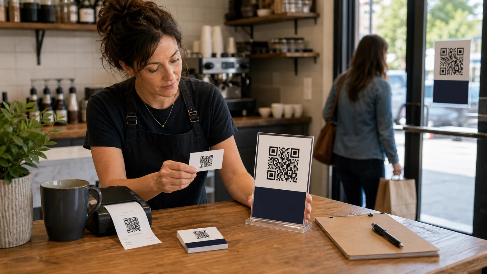 QR code d'avis placé à la sortie avec un texte neutre et visible.