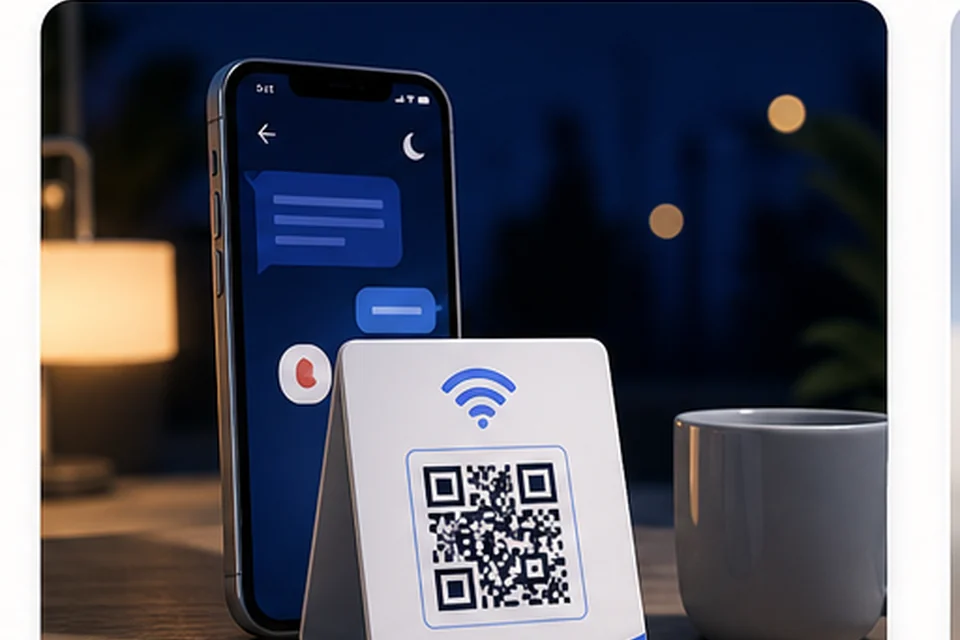 After-hours phone screen beside a QR support card