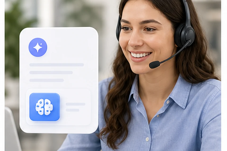 Support receptionist with headset and AI support card