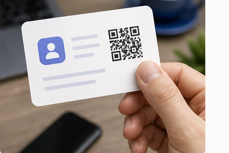 Hand holding a digital business card with a QR code