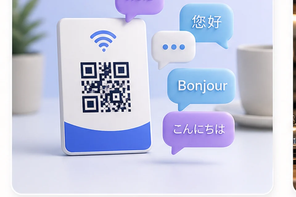 Multilingual chat bubbles around a QR card
