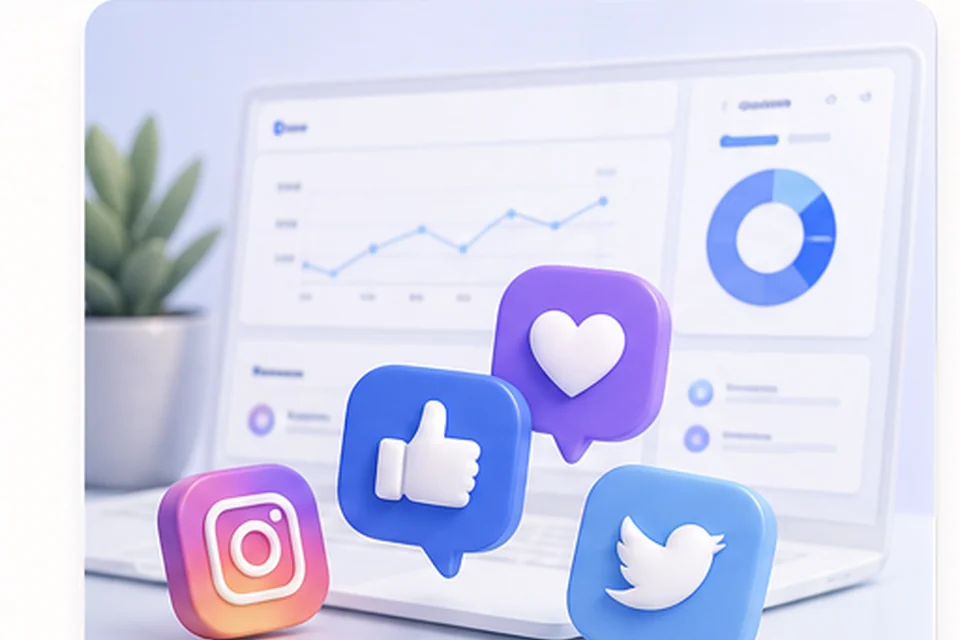 Social media reaction icons near a small business dashboard