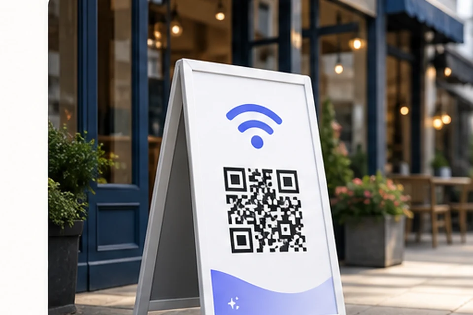 QR code A-frame sign in front of a storefront