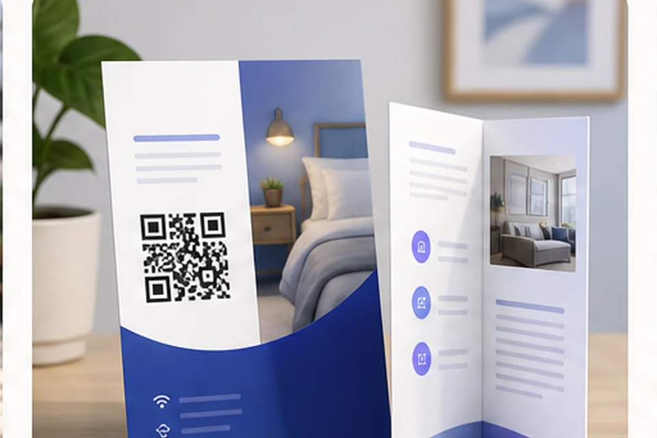Flyer and brochure with a QR code on a desk