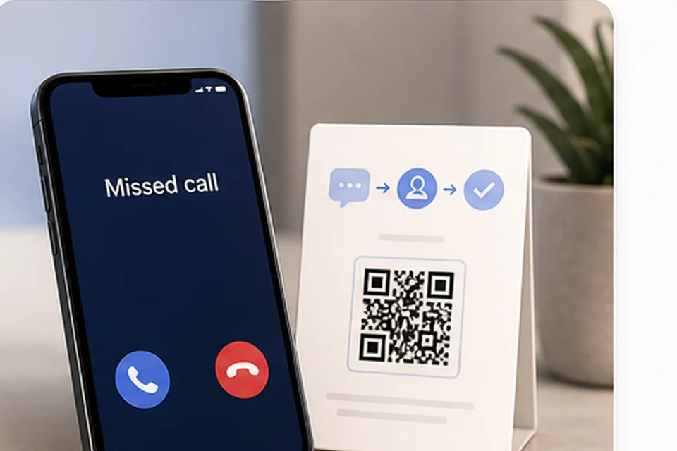Missed call phone screen beside QR question workflow