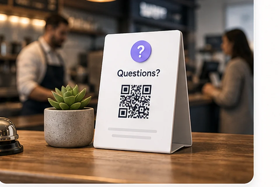 QR question card on a busy restaurant counter