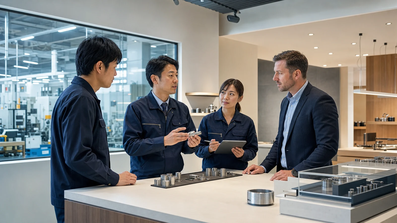 日本の精密部品メーカーの海外営業・技術チームが米国人バイヤーと製品仕様を確認している様子