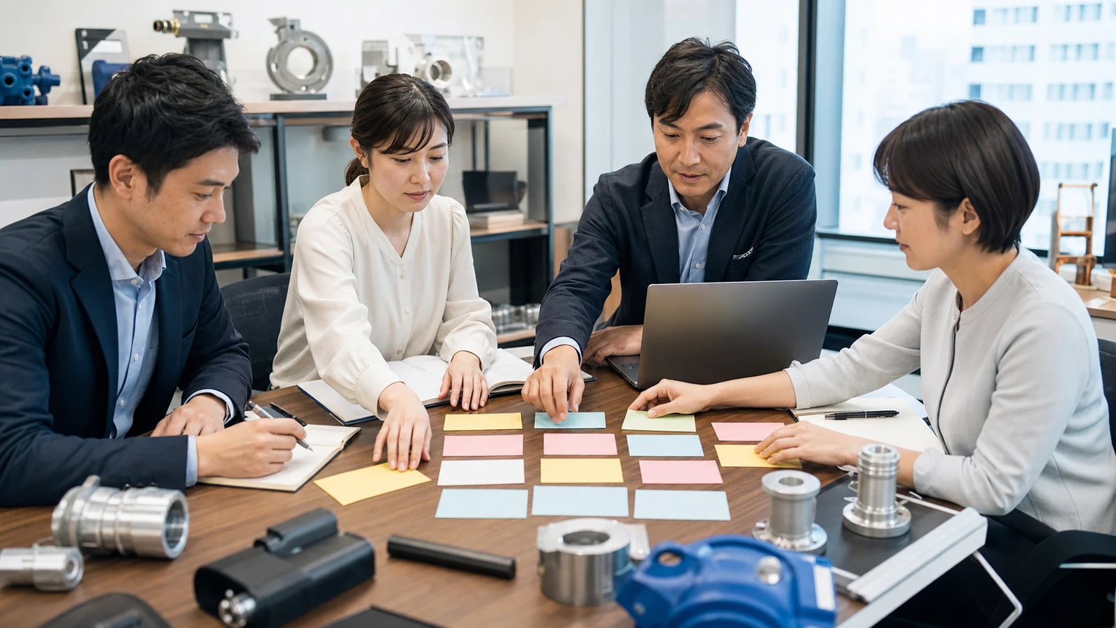 日本の輸出チームが海外バイヤーから届いた反復質問を分類している様子