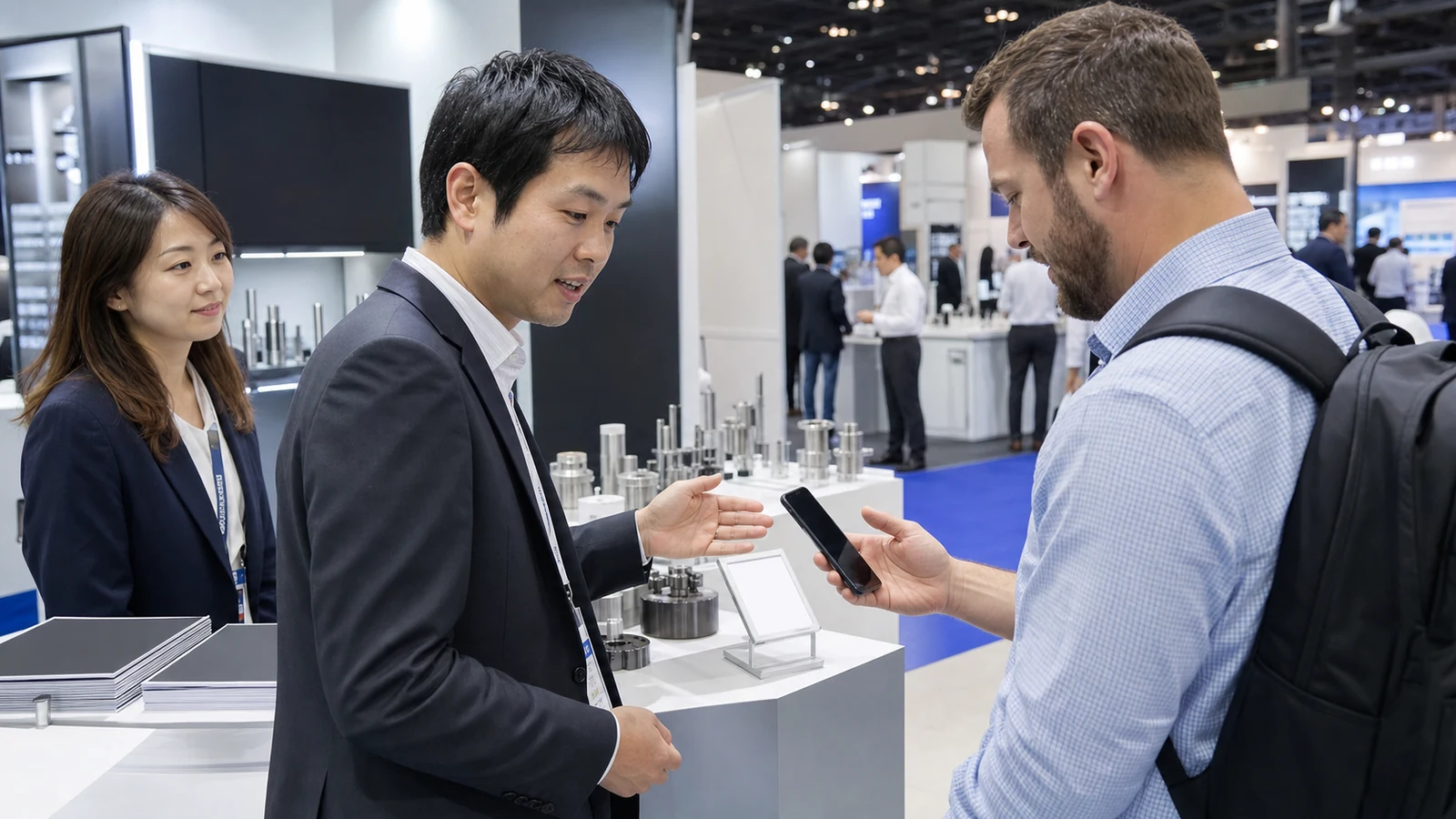 米国の産業展示会で日本企業の担当者がモバイル案内を使う米国人バイヤーを支援する様子